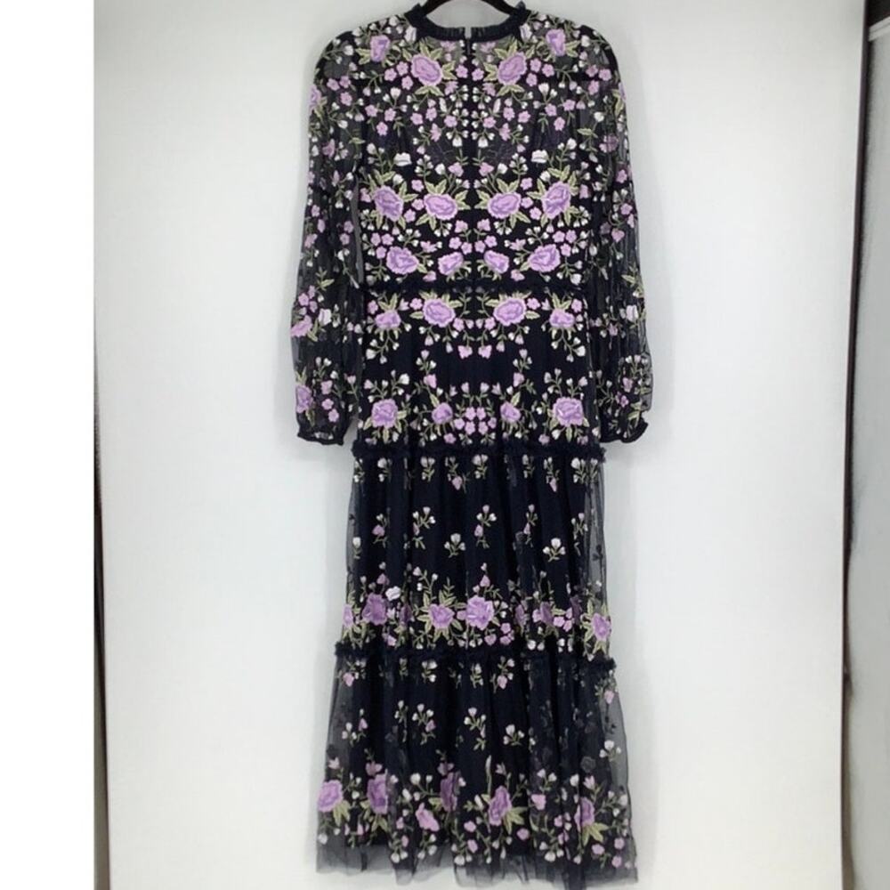 MAC DUGGAL Purple Embroidered Puff Sleeve Floral Tiered Dress Gown Size 6 - Picture 5 of 9